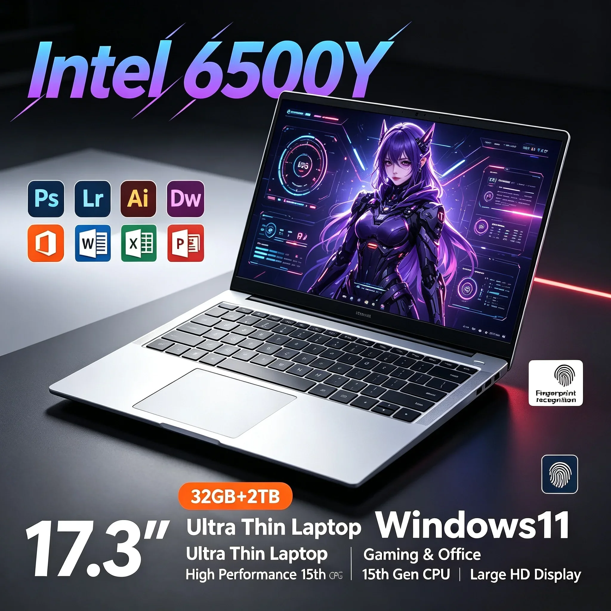 Intel 6500Y 17.3" HD Portable Notebook 32GB RAM 1TB 2TB SSD Win11 WiFi6 BT5.2 Laptop Computer For Office & Study Work
