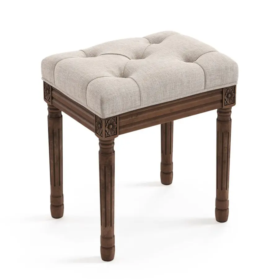 

BONA Upholstered Fabric Vanity Bench Seat, Makeup Stools for Vanity, Square Tufted Ottoman Bench with Carved Dark B Customizable