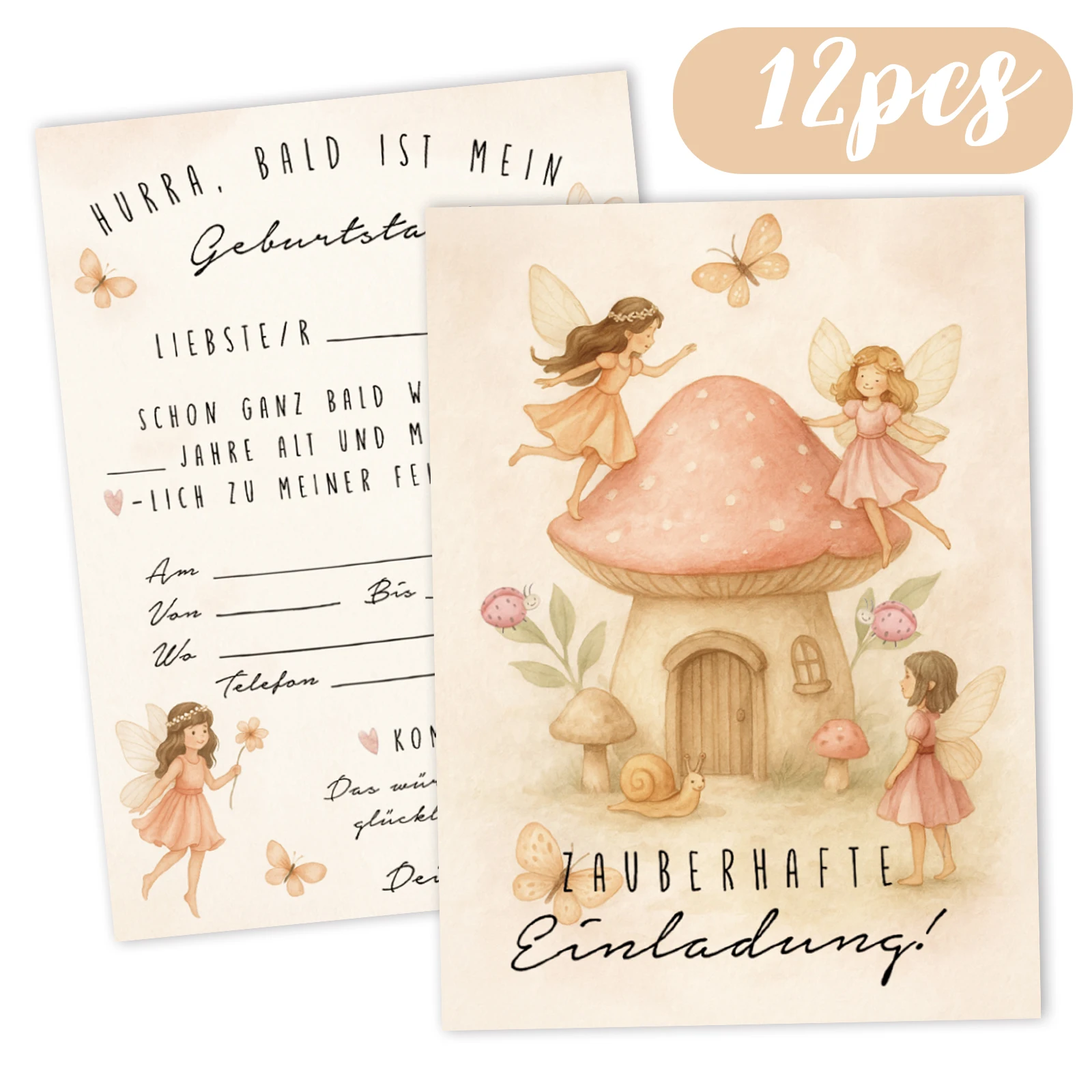12 pièces de cartes d'invitation d'anniversaire sur le thème « Fée » exquises, couleurs chaudes et rêves, adaptées aux fêtes féeriques, aux forêts magiques ou