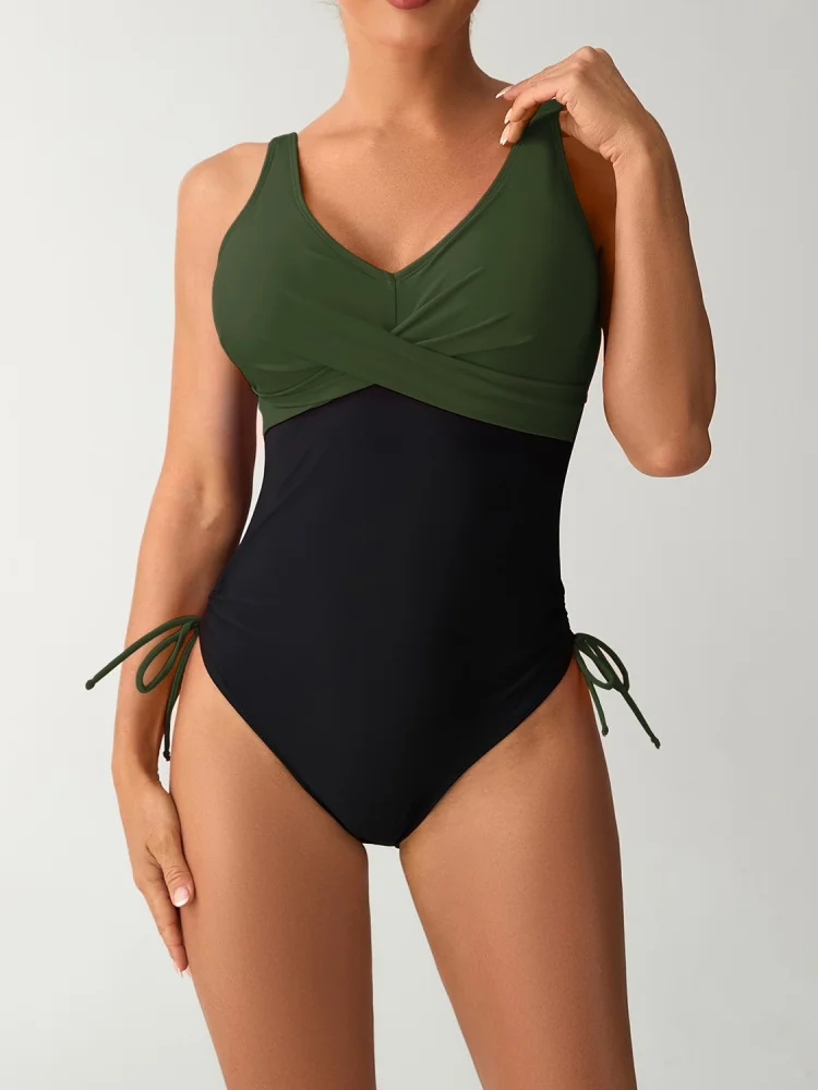 

One Piece Swimsuit Women 2026 New Solid V Neck Sling Sexy Bodysuit Swimwear Summer Monokini Backless Beach Bathing Suit Female