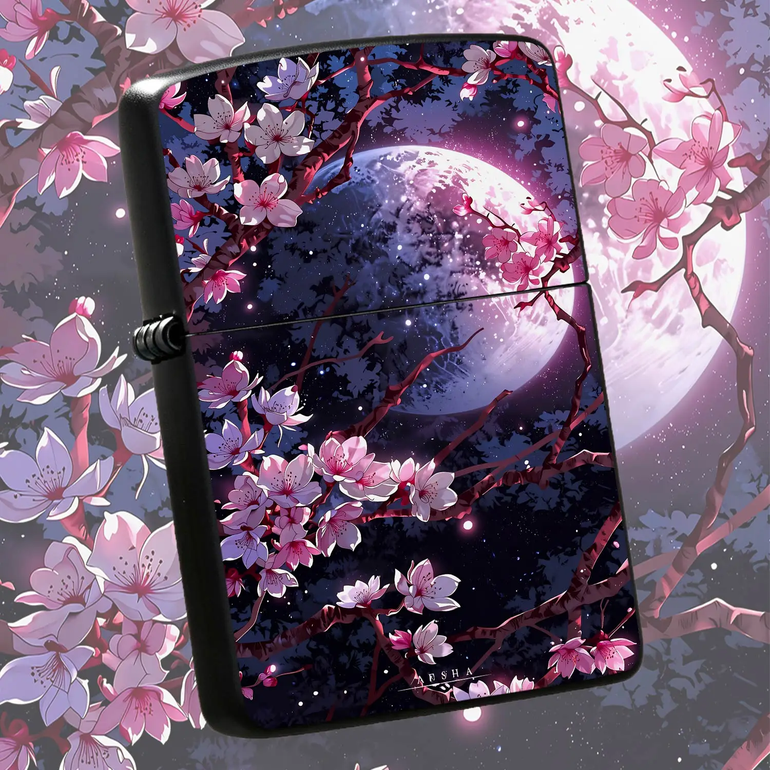 Cherry Blossom Full Moon Lighter, Aesthetic Night Sky Glowing Floral Pattern Portable Igniter, Artistic Sakura Moonlight Decor, Delicate Practical Accessory For Daily Use, Unique Gift For Friends And Art Lovers For All A Humorous And Intere