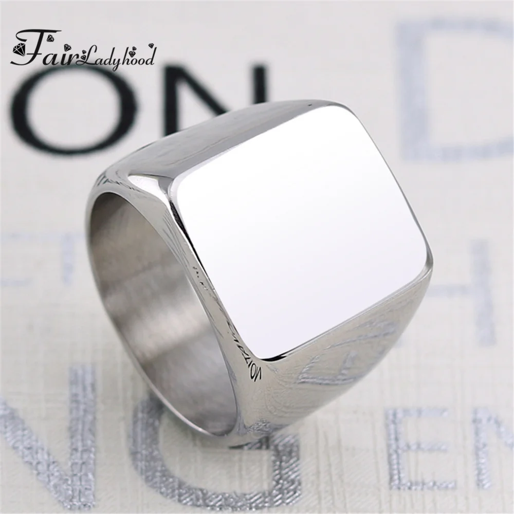 FairLadyHood Punk Men Ring Square Big Width Signet Rings Fashion Male Black Finger Ring Stainless Steel Jewelry