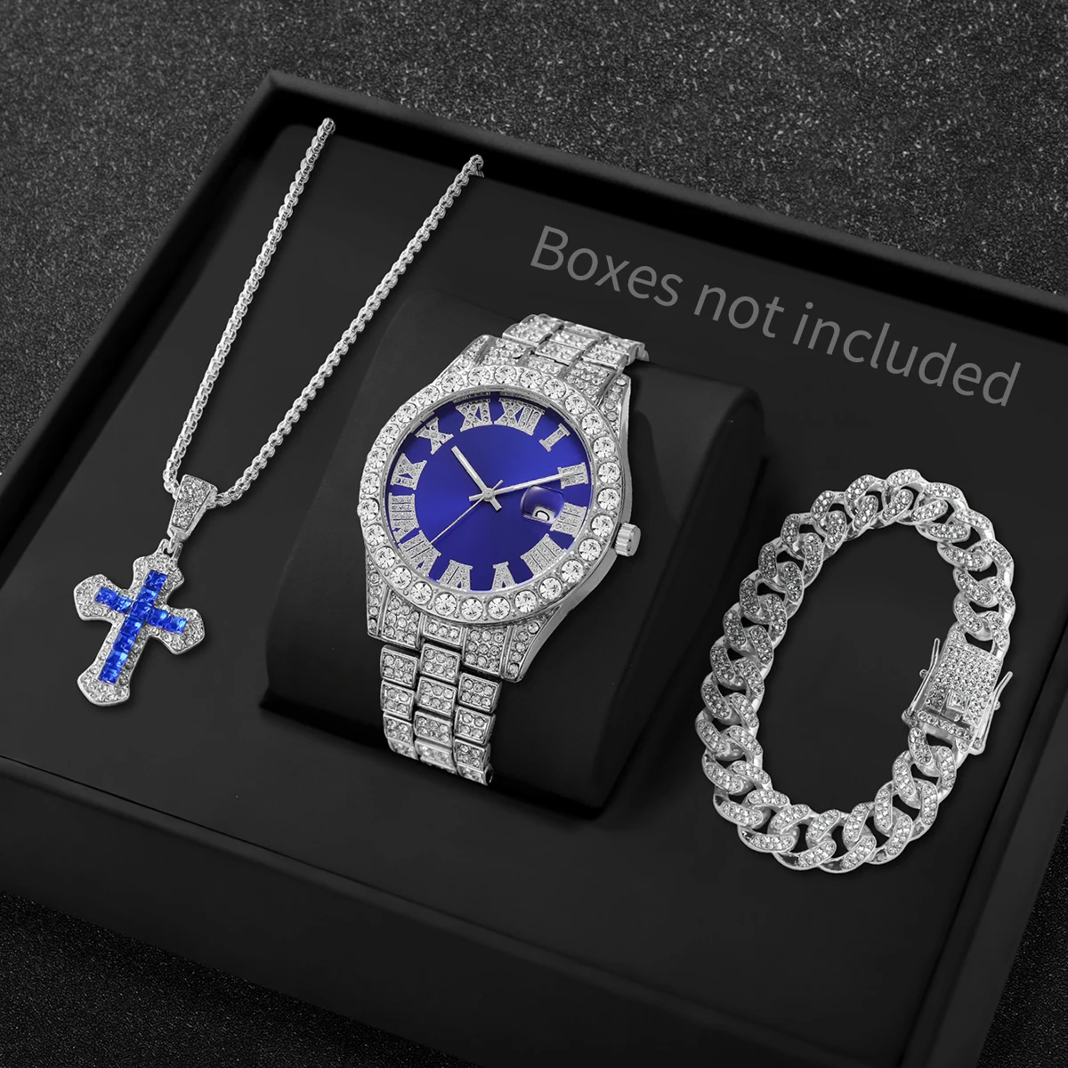 Men Iced Watch Set Red Crystal Cross Necklace Diamond Cuban Bracelet