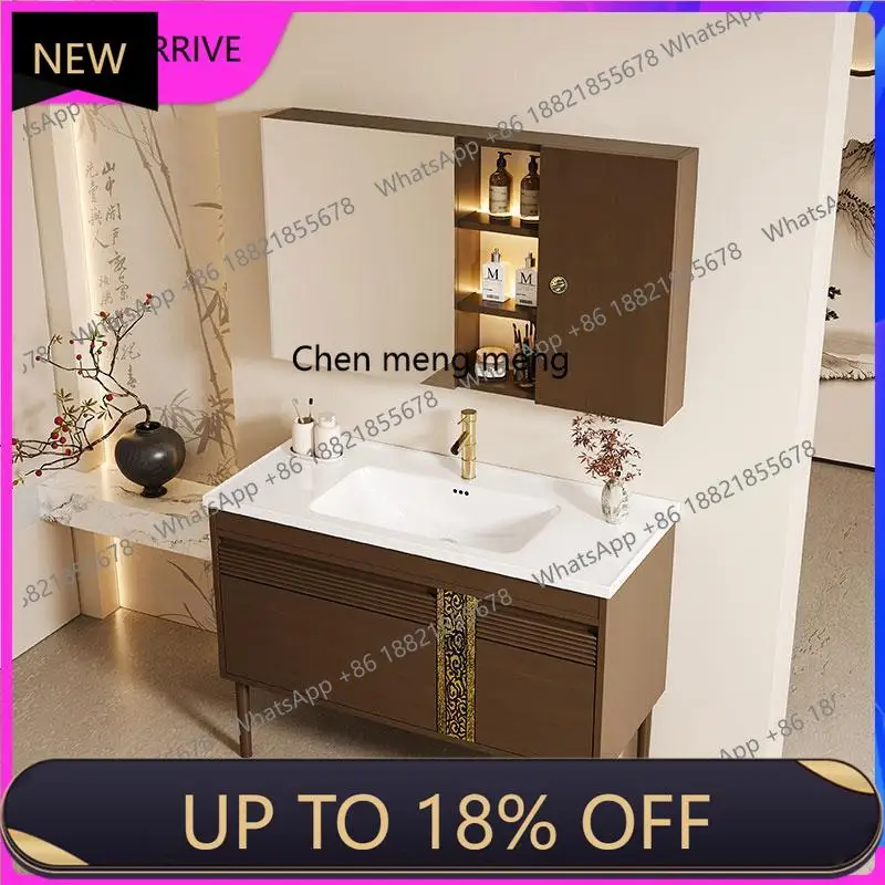 C88 Medieval style solid wood bathroom cabinet combination bathroom ceramic integrated basin mirror cabinet wash basin