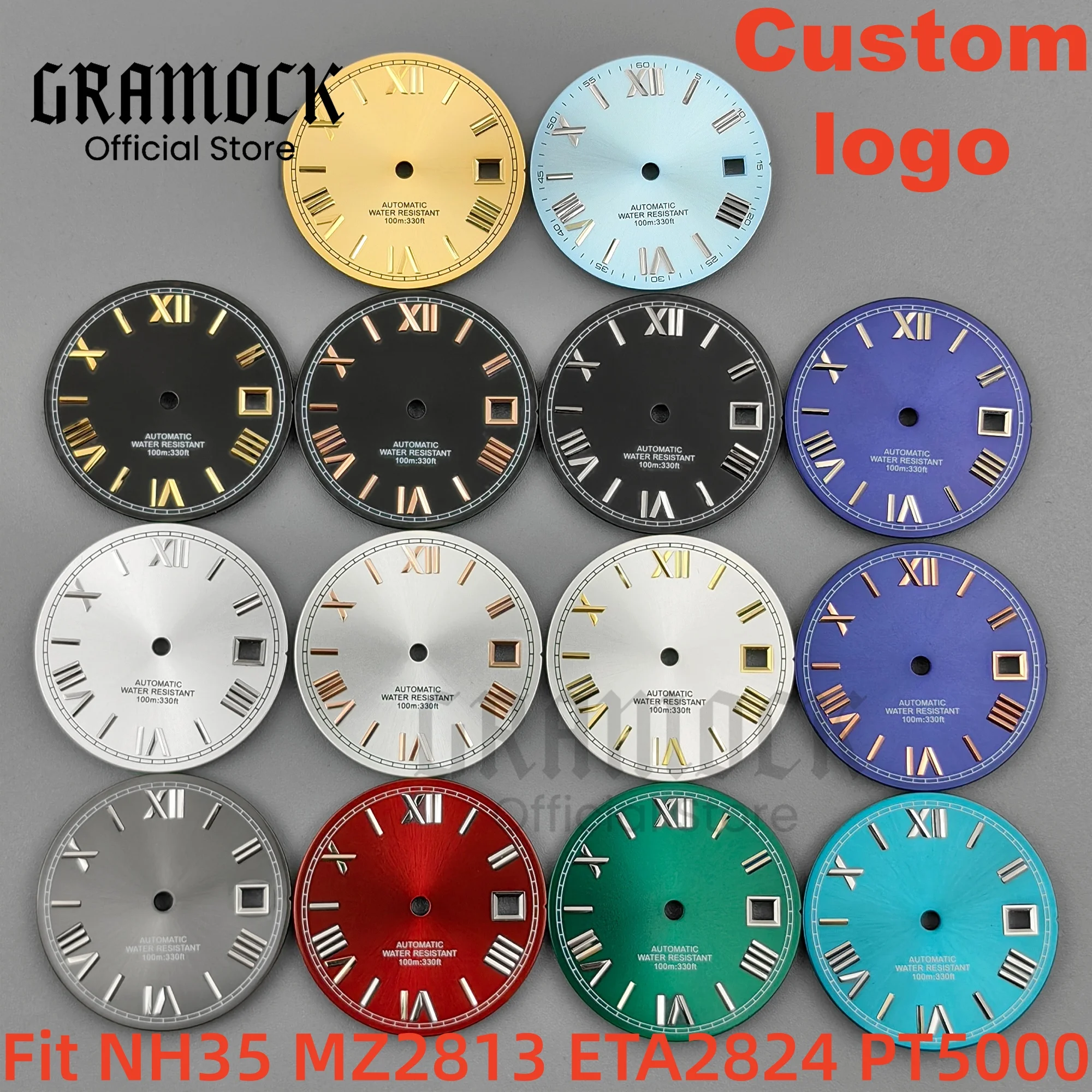 

GRAMOCK 29 мм небесно-голубой, зеленый, золотой циферблат Sunray, римская метка, календарь с датой, подходит для Mingzhu2813 ETA2824 PT5000, аксессуары для часов с механизмом