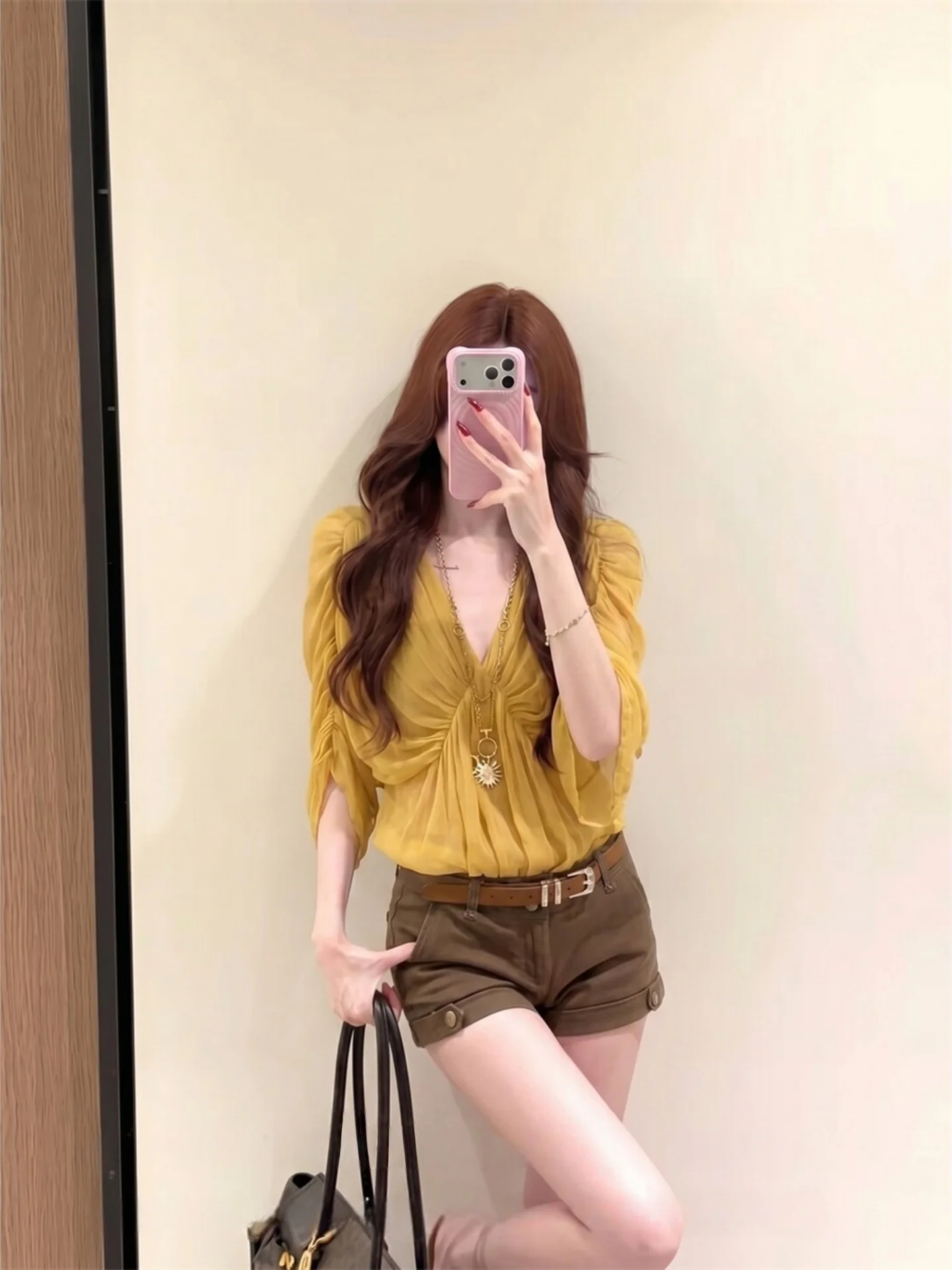 

Yellow V-neck Pleated Chiffon Shirt Women Summer Loose Design Unique Beautiful Top French Style Long Sleeve Breathable Skin-f...
