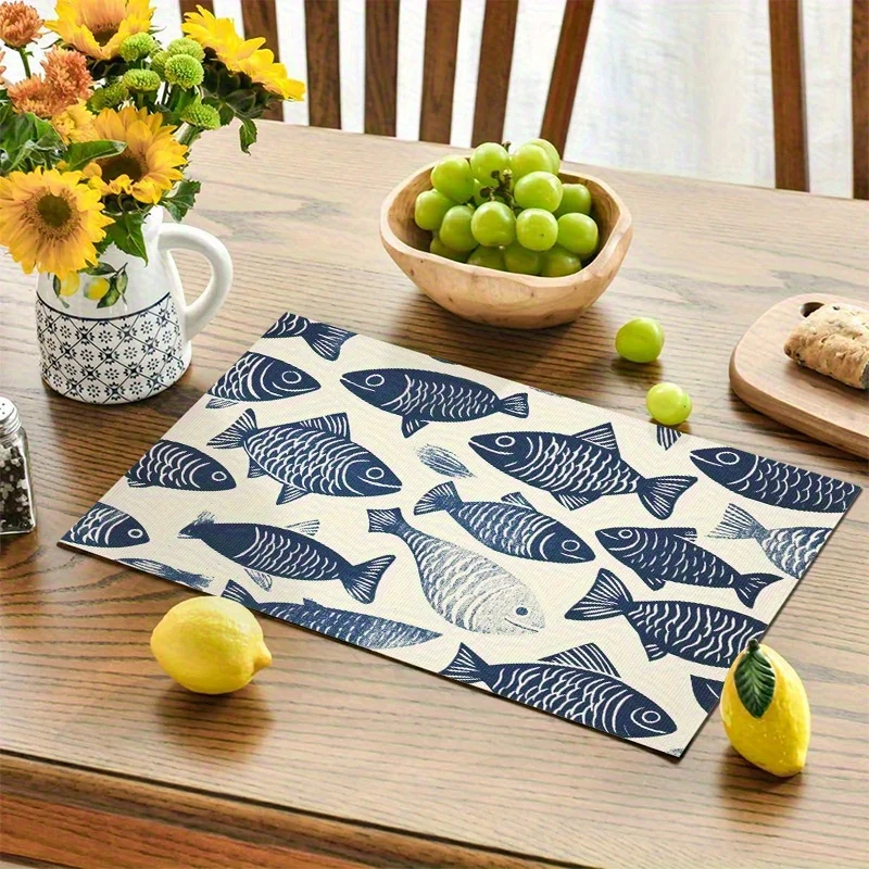 Blue And White Linocut Of A Fish Pattern Printed Placemat Washable Place Mats Dining Table Kitchen Holiday Parties Home Decor