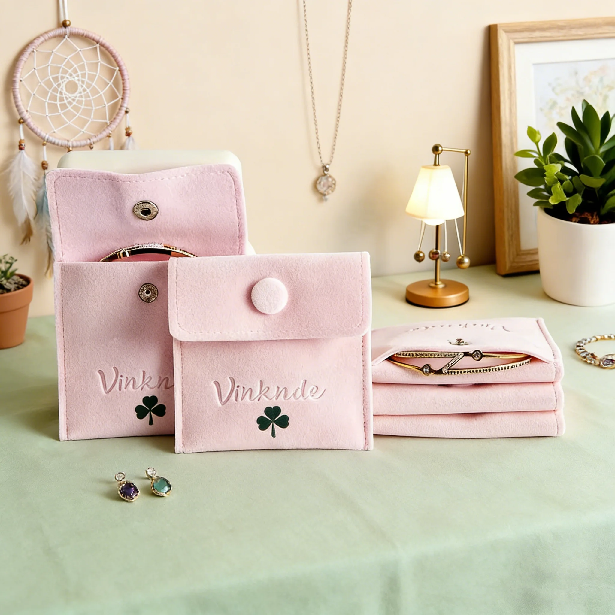 

Персонализированный бархатный мешочек для украшений цвета пыльной розы с тисненым логотипом, на кнопке, для путешествий, для хранения браслетов и серег