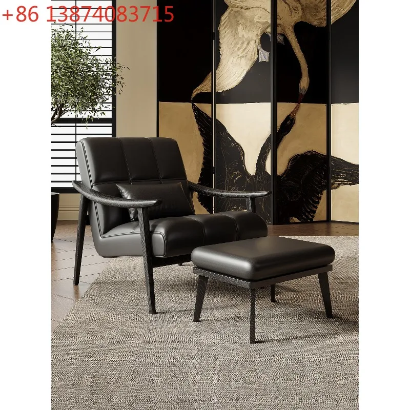 Italian leather single sofa chair, home retro office B & B solid wood leisure