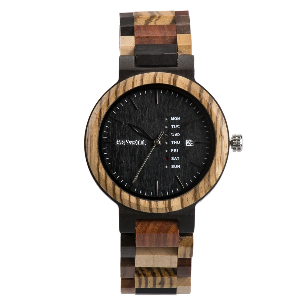 Men Luxury Zebra Wooden Quartz Watch Week & Date Dual Display Fold Buckle Light Casual Handmade Wrist Watch