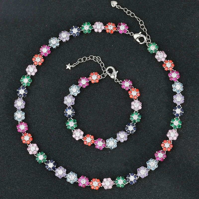 Playful street hip hop men multi‑color floral crystal tennis set adjustable necklace bracelet for rapper performance events