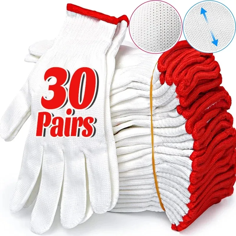 Men's Breathable Thin Labour Protective Nylon Gloves Wear-resistant Work Construct Site White Yarn Anti-slip Mittens Wholesale