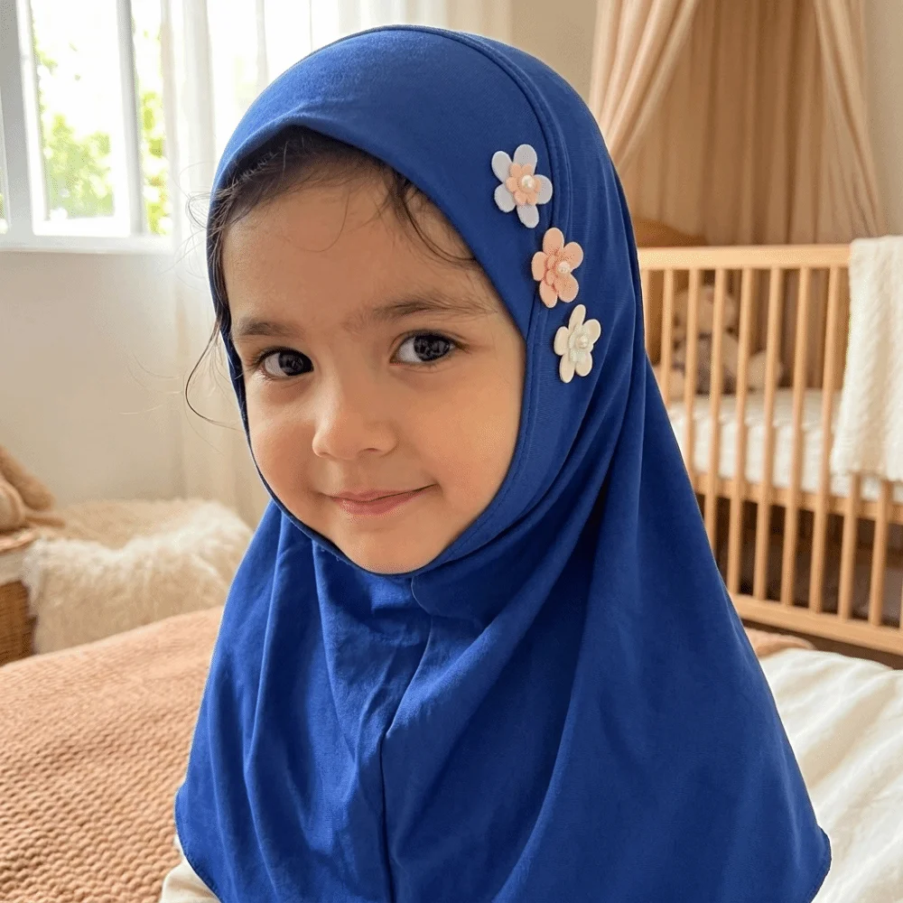 Cute Soft Little Girls Pull-On Hijab with Floral Ornament Stretch Head Wrap Turban Non-slip Breathable Head Cover Children