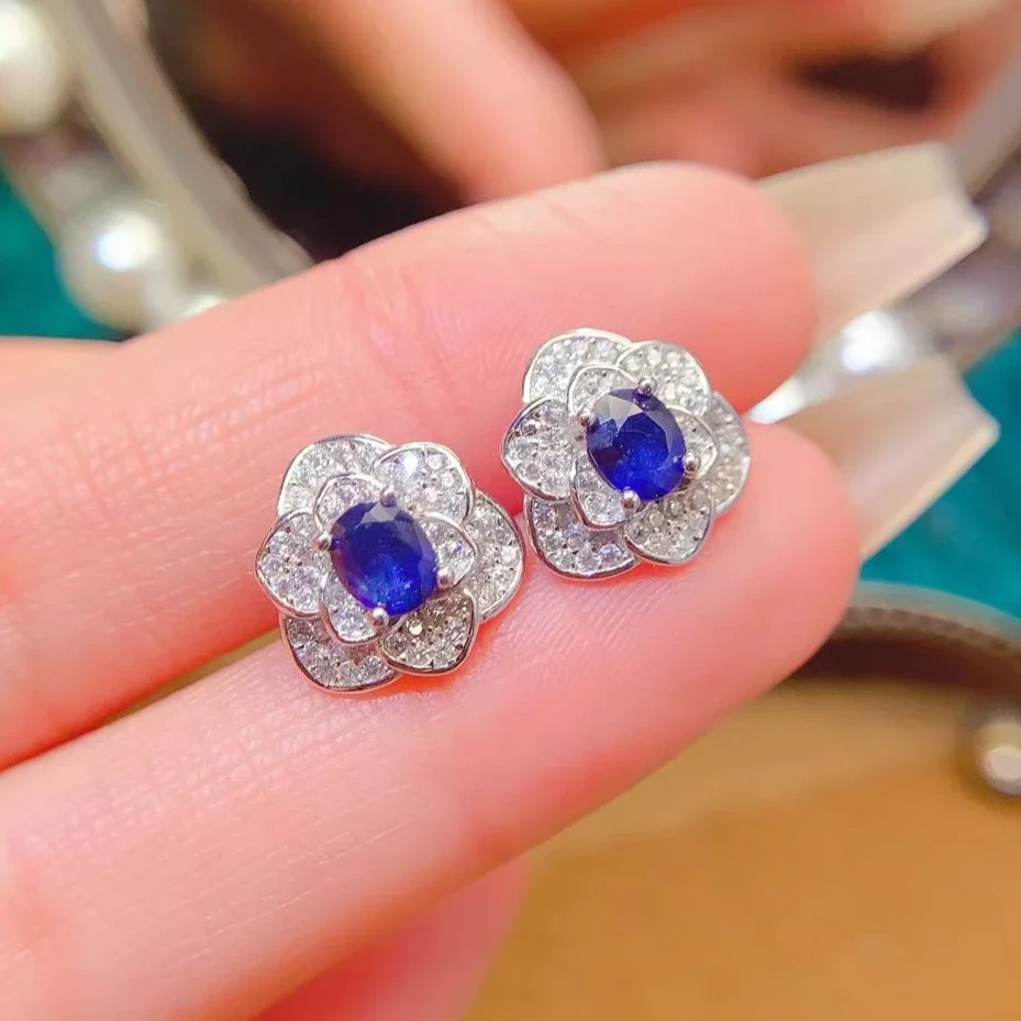 925 Silver Blue Sapphire Earrings 4mm*5mm Total 0.8ct Natural Sapphire Jewelry 18K Gold Plated Gemstone Silver Stud Earrings