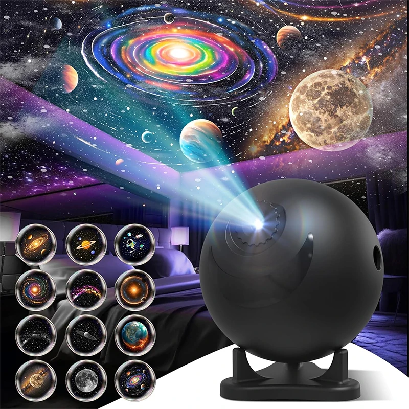 Projetor planetário para quarto, 12 discos de imagem, projetores de galáxia, luz noturna estrela, iluminação de ambiente de teto, lâmpada de espaço