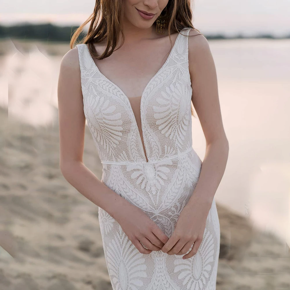 Vestido de novia bohemio con escote en V pronunciado para exteriores, vestido de novia personalizado de playa Hippie sin espalda festoneado de talla grande