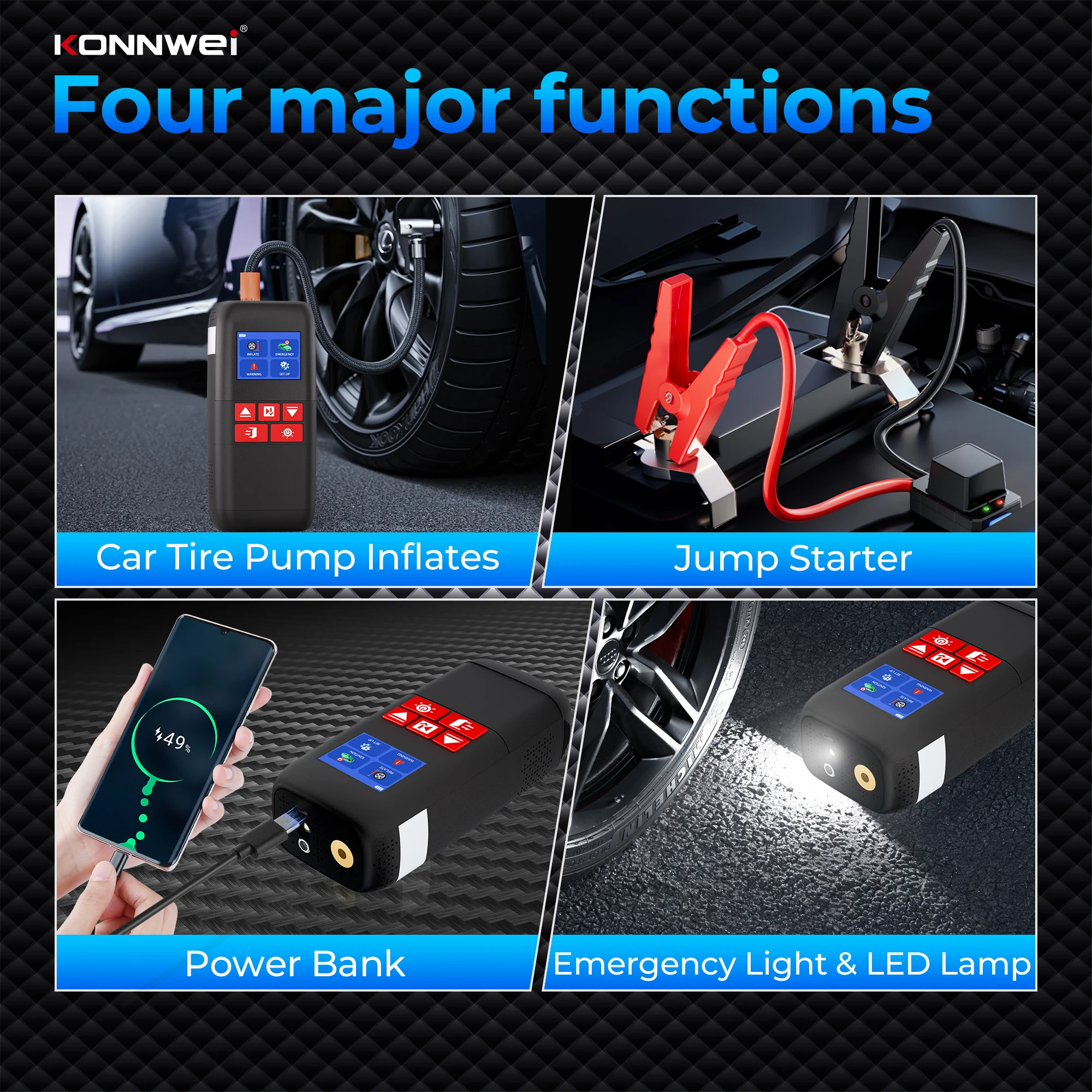 KONNWEI Car SA500 Jump Starter Air Pump Power Bank 10400mAh Car Jump Starter with Air Compressor LED Lamp 12V Vehicle Tool Kits