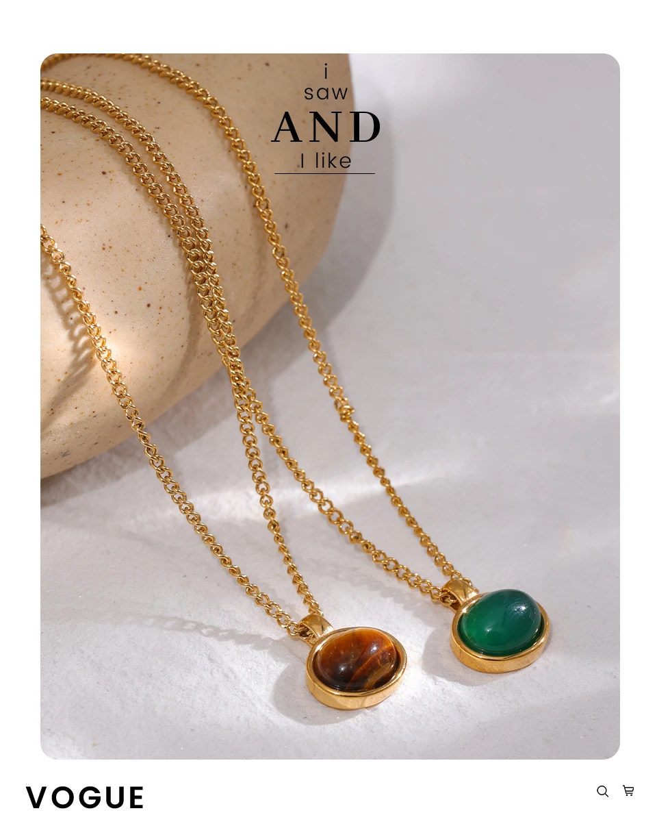 Yhpup Green Agate Tiger Stone Pendant Necklace for Women 316L Stainless Steel Gold Color Chain Collar Fashion Charm Jewelry