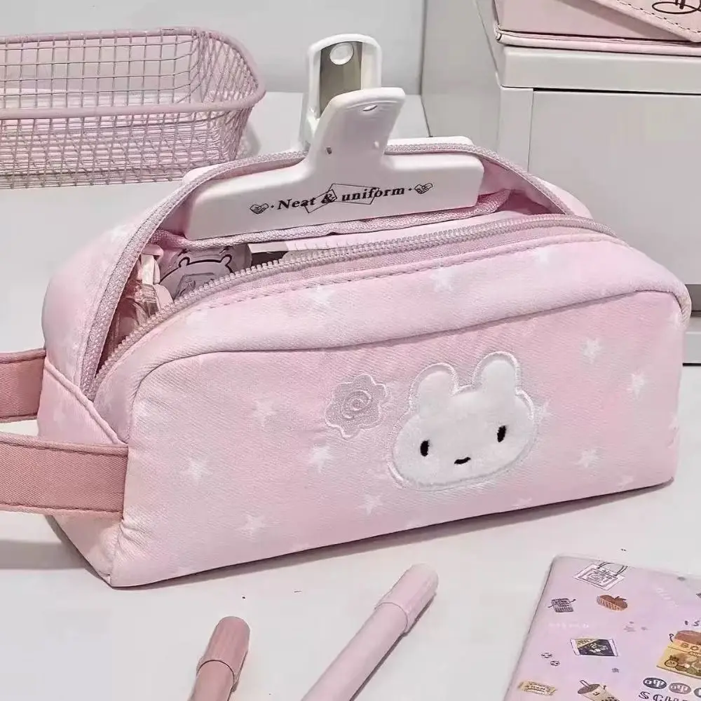 New Pink Pen Bag Star Rabbit Pattern Handheld Stationery Bag Zipper Design Large Capacity Pencil Case School Office