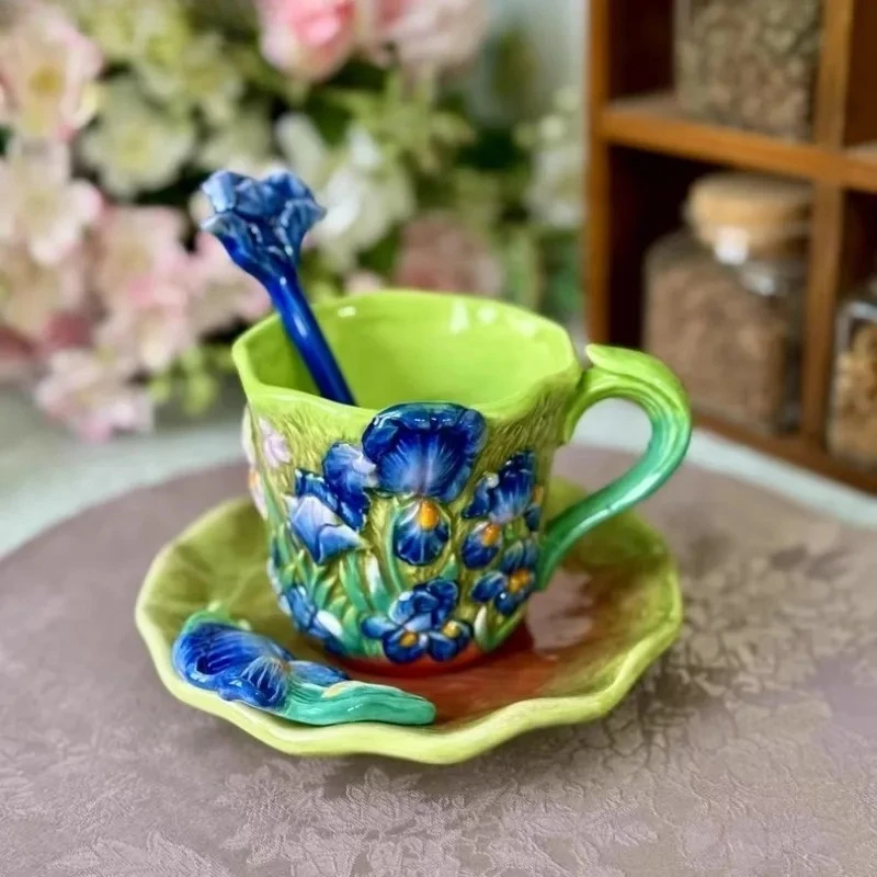 200mlHand Drawn Underglaze Colored Coffee Cup Dish Set Creative Coffee Mug Exquisite Black Tea Cup Sunflower Flower Art Cup Gift