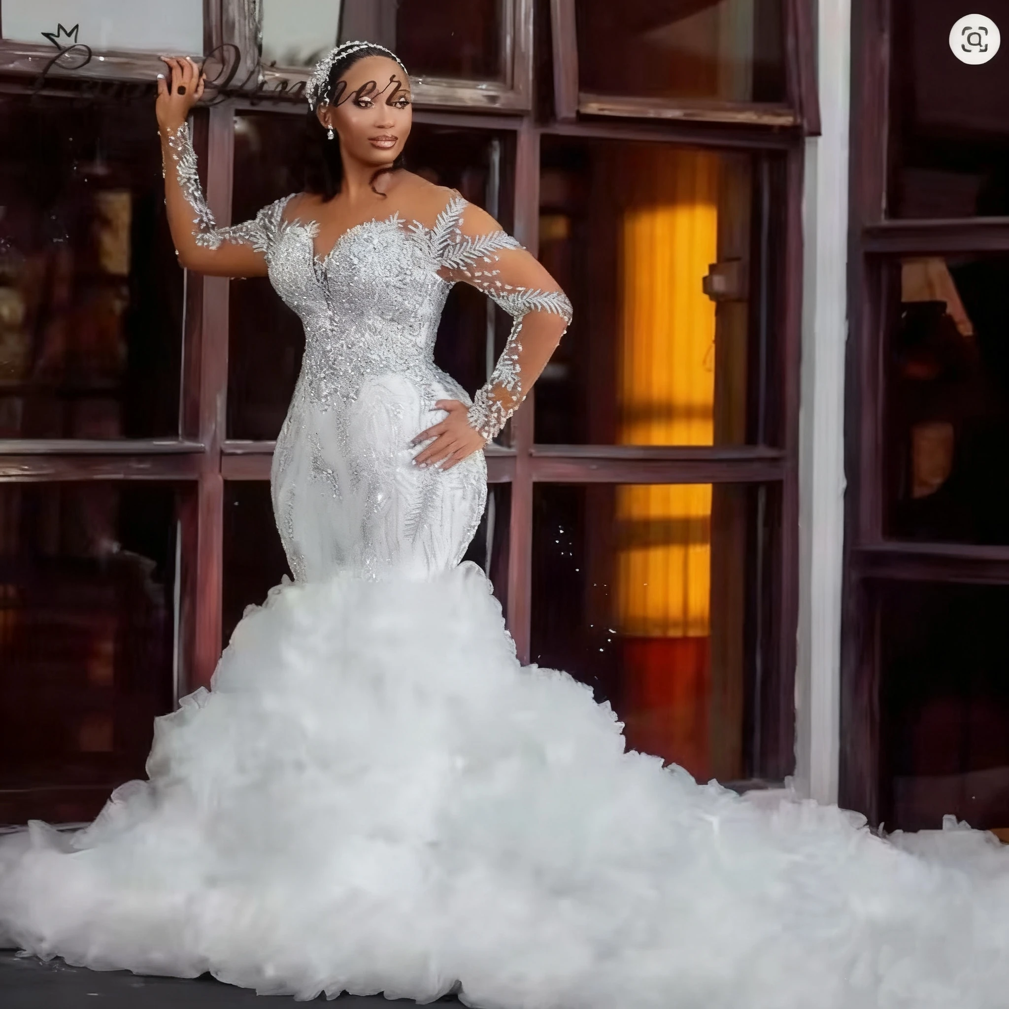 

Африканское свадебное платье 2025 года, роскошное свадебное платье русалки с кристаллами и бисером, иллюзорными рукавами и оборками, шлейфом, свадебное платье высокого качества по индивидуальному заказу