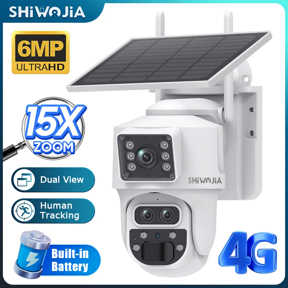 SHIWOJIA 15X ZOOMSolar Camera 4G SIM 8MP Three Lens WIFI Security Solar Powered PTZ Camera PIR Monitor CCTV Video Night Vision