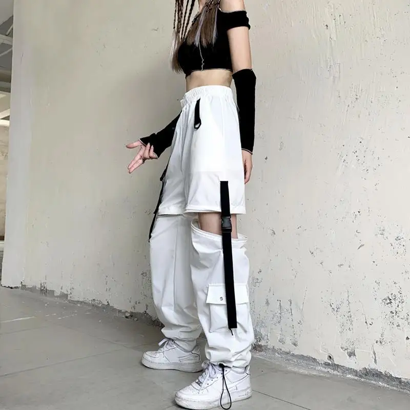 Korean Detachable Y2k Pants Casual Loose Solid High Waist Patchwork Hollow Out Pantalones 2022 Draw String Punk Wide Leg Pant