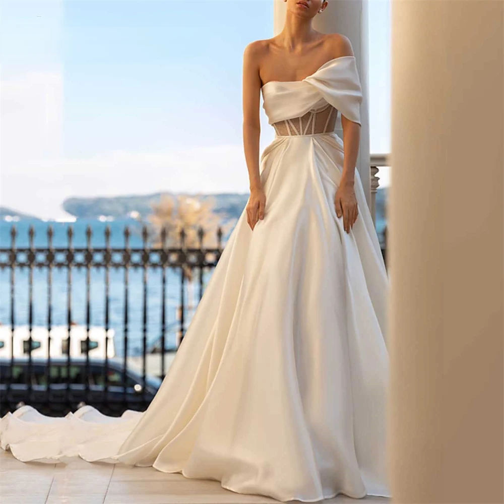 

Sleeveless Charming Boho Strapless A-Line Wedding Dresses Bridal Gowns Sexy One Shoulder Bride Robes Pockets Vestidos De Novia