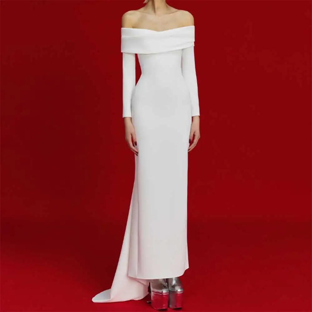 

Evening Dress Long Sleeve Off The Shoulder Backless Straight With Train Prom Party Dress Formal Gowns Elegant Bridesmaid Dresses