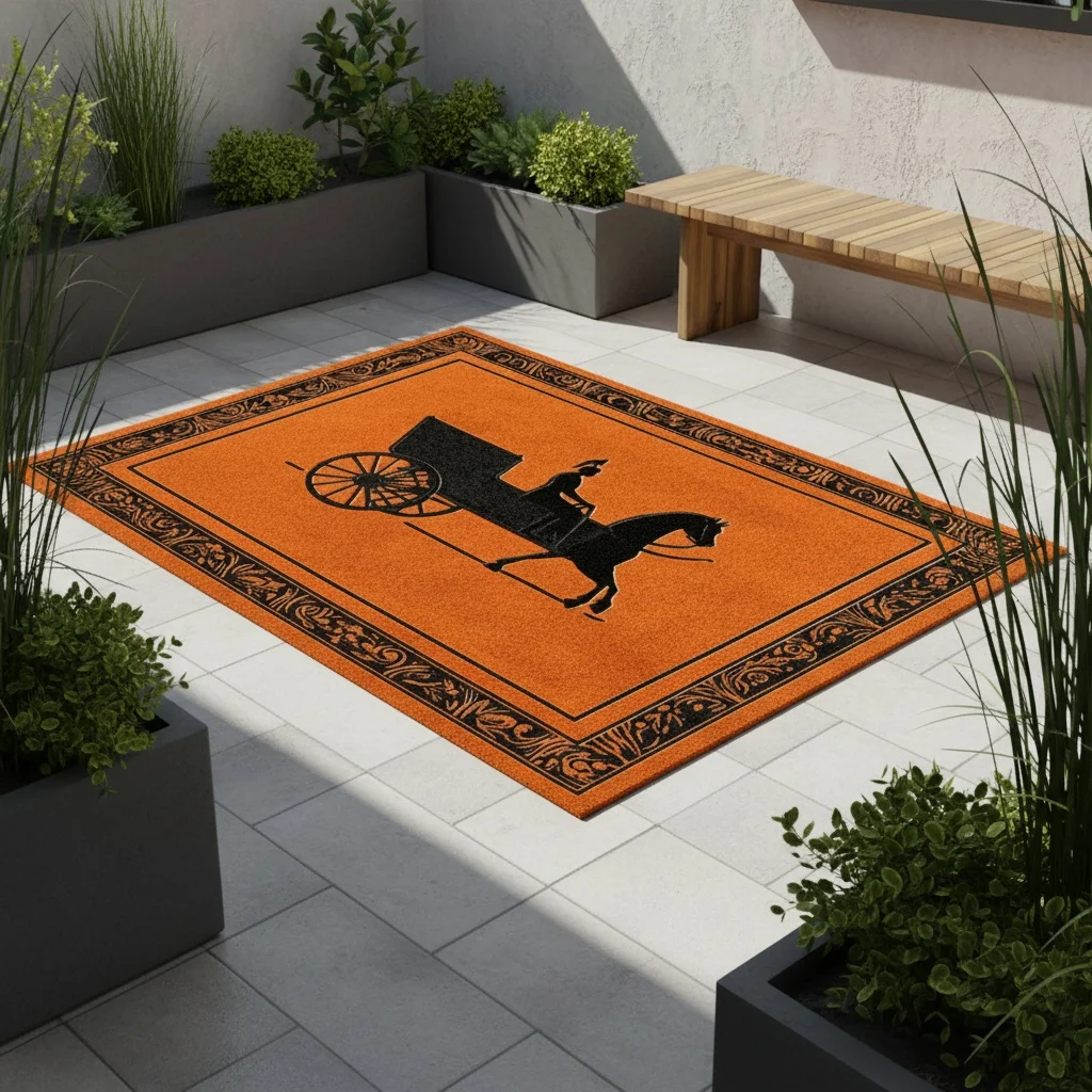 Bright Orange Vintage Horse Carriage Design Area Rug Boho Style Entrance Mat for Hallway Living Room Decor