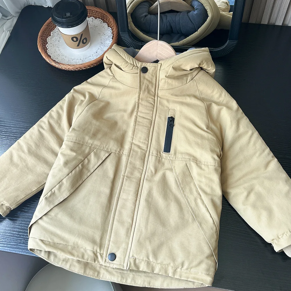 3 Color Winter New Boys Jacket Solid Color Lining Plush Thick Warm Hooded Zipper Windbreak For 3-10Y Kids Leisure Cotton Outwear
