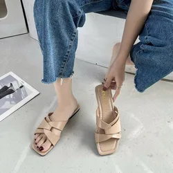 Women Slippers Summer New Sexy Square Toe Fashion Cross Strap Beach Women Outdoor Soft and Comfortable White Casual Slippers