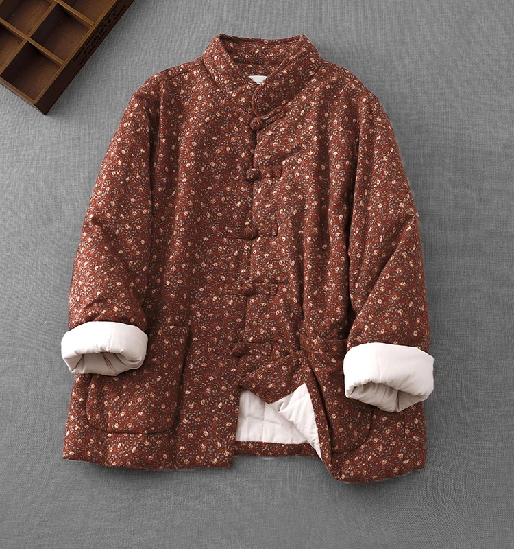 

Новое женское пальто из хлопка в китайском стиле, зимняя верхняя одежда на пуговицах в стиле ретро, смесь хлопка и льна, модная M...