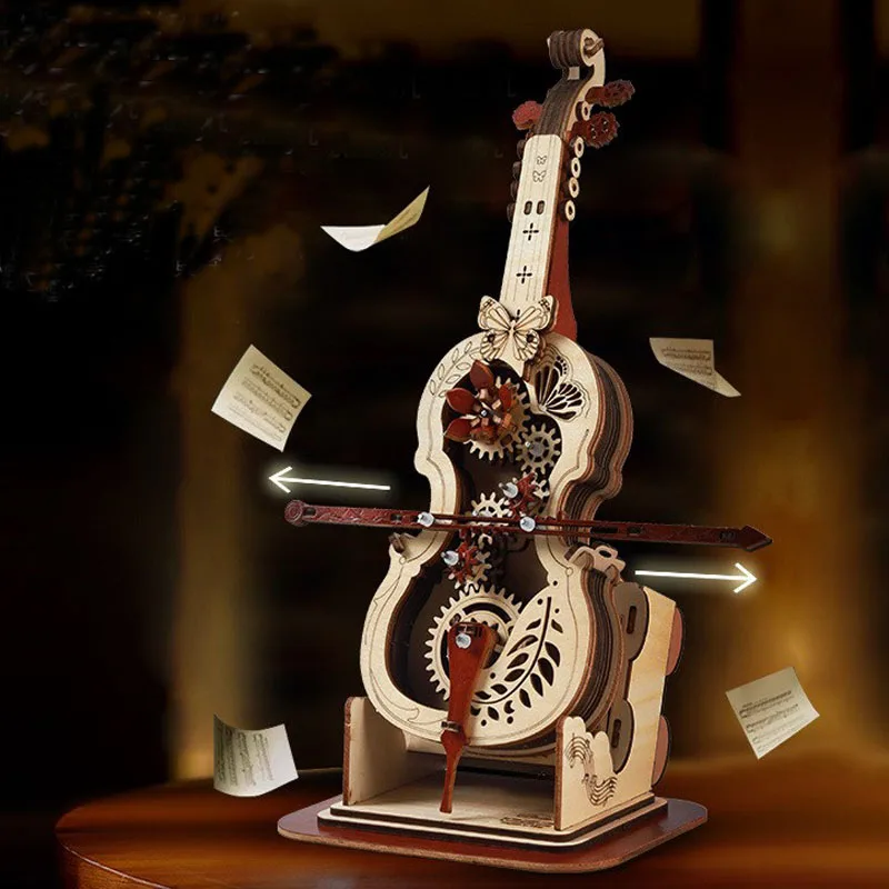 DIY Handmade 3D Cello Wooden Music Box Removable Bow Puzzle Model Birthday Valentine Day Christmas Gifts for Lover Friend Spouse