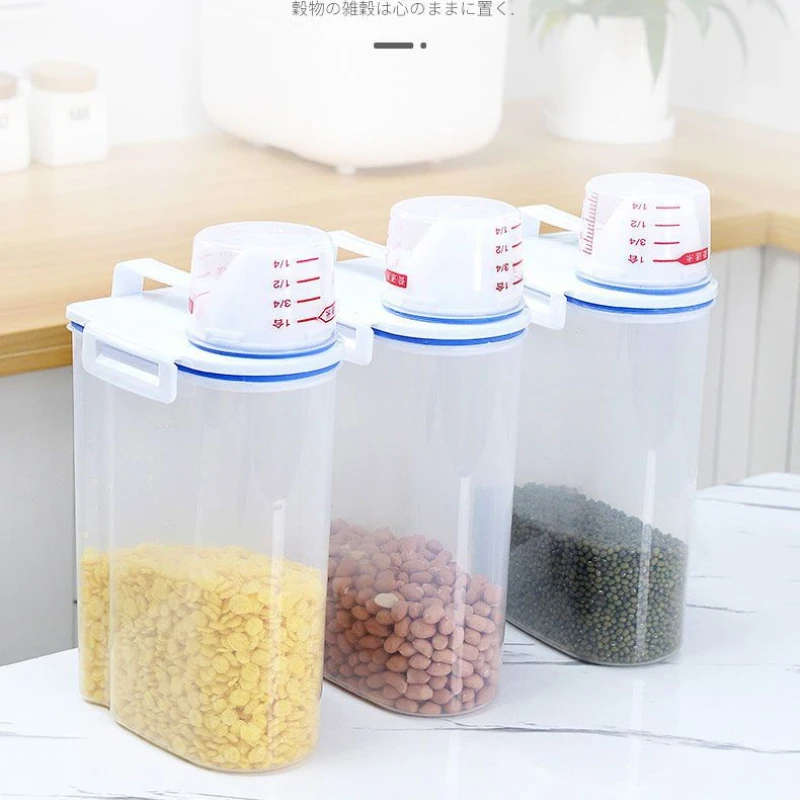 1Pc 2L Food Pail Plastic Storage Tank with Measuring Cup Container Moisture Proof Sealed Jar Supplies Accessories Storage Tank