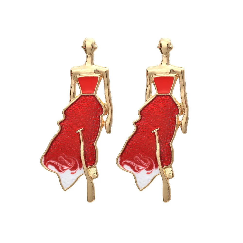 Fashion Lady-In-Red Dress Earrings Gold Tone Red Dress Woman Shape Elegant Dangle Earrings Girls Party Fashion Jewelry Gift