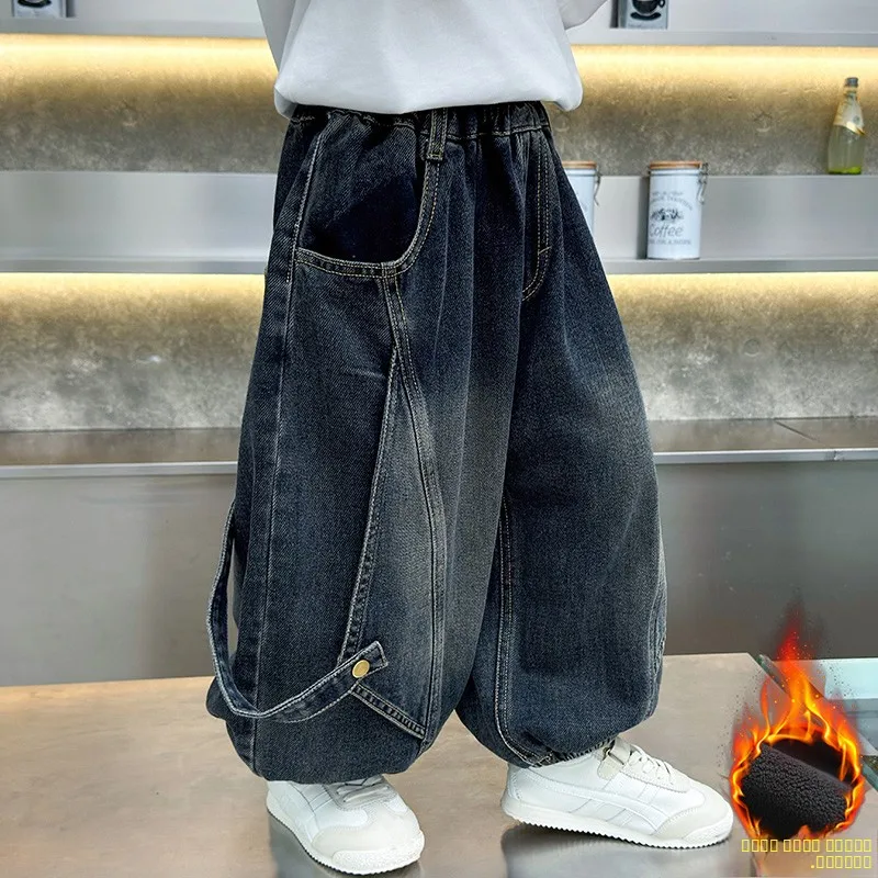 

Thickened Fleece Lined Harlan Jeans for Boys Children's Casual Loose Fit Autumn Winter Fashionable Hip Hop Style Denim Pants