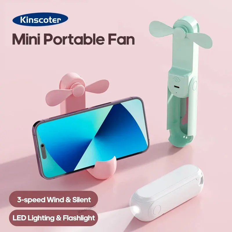 New Handheld Small Fan Portable Creative Mini Three Speed Adjustable Solid Color Charging Folded Fan LED Lighting Phone Holder