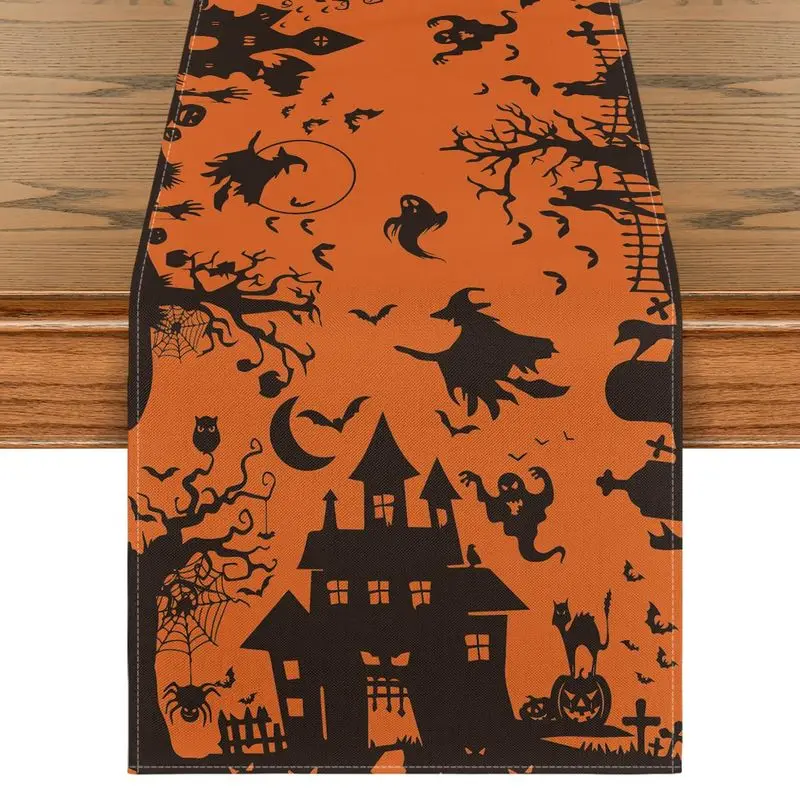 VIKAMA Halloween Table Runner Silhouette Haunted House Witch Ghost Bat Pumpkin Table Runner for Dining Table Home Party Decor