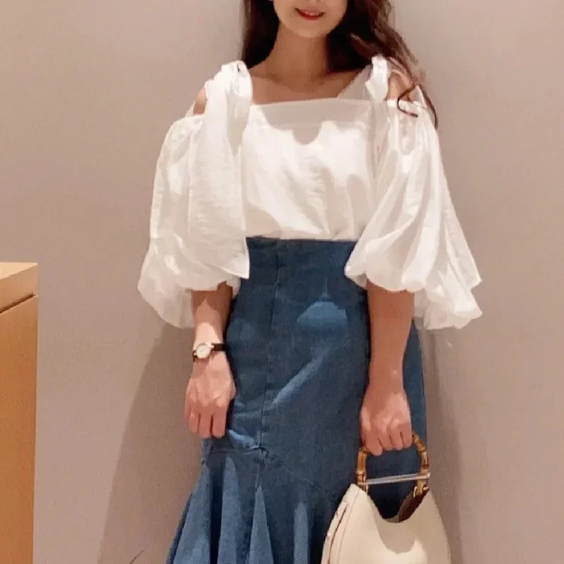 Kuzuwata Japan Bow Tie Loose Off Shoulder Tops Short Lantern Sleeve Lace Up Chemise Femme 2024 Chiffon Solid Color Sweet Blouses