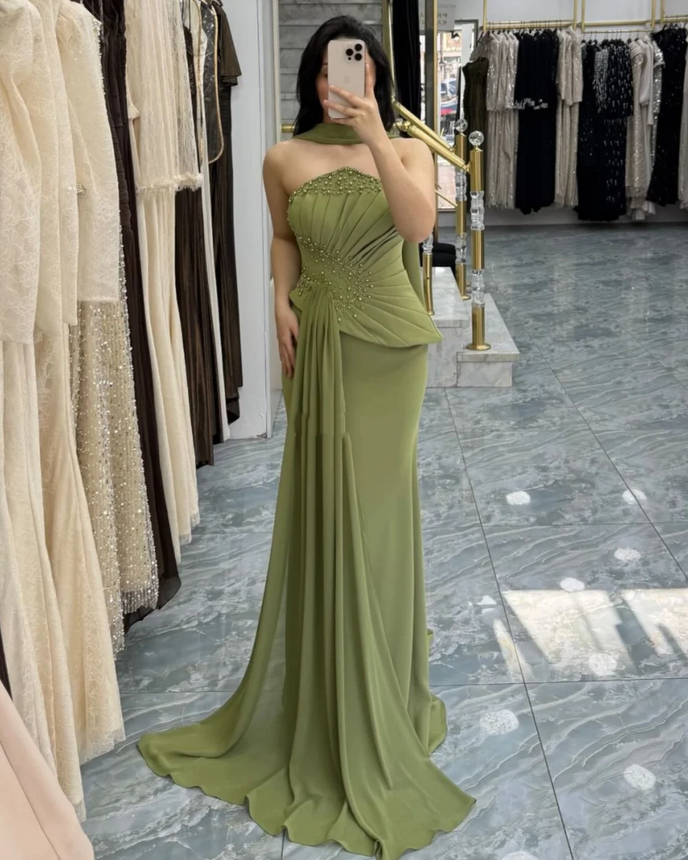 

Customized Elegant Jersey Beading Ruched Straight Evening Dresses High Quality Strapless Sleeveless Floor Lenght Prom Dresses