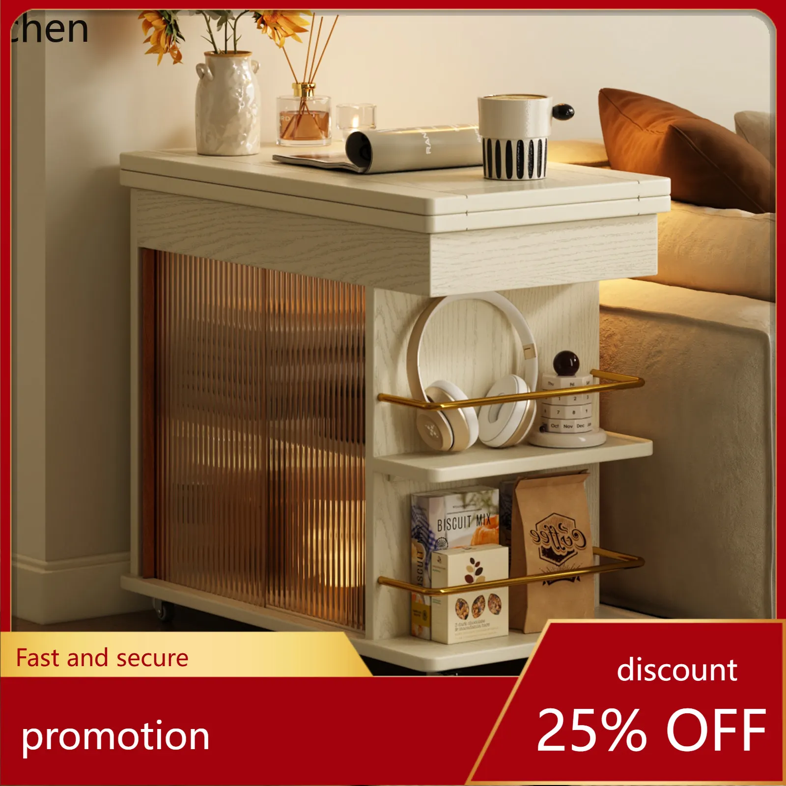 

CZ Solid Wood Sofa Side Table Multi-Functional Mobile Storage Trolley Simple Home Dining Room Desktop Folding Small Table