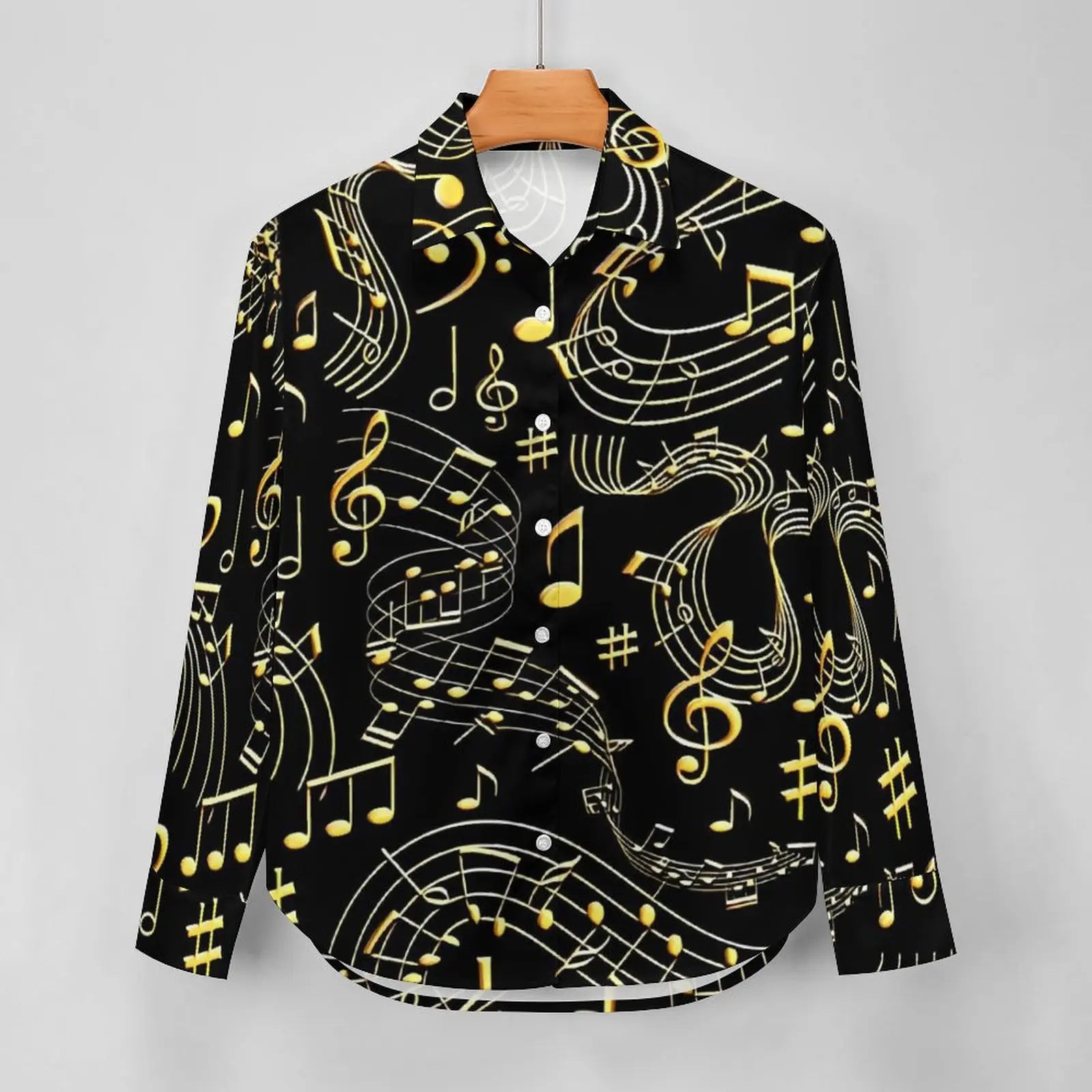 Gold Music Note Print Blouse Long-Sleeve  Office Work Blouses Women Streetwear Oversized Shirt Graphic Clothes Gift