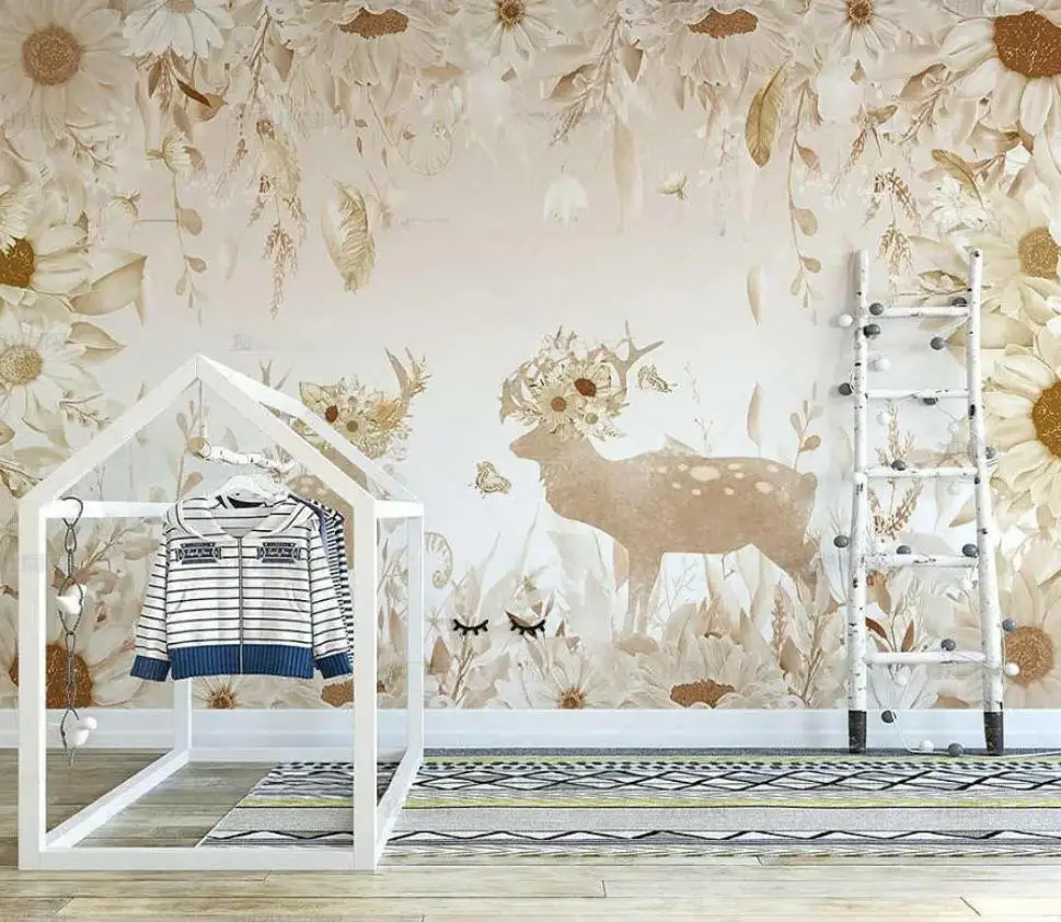 Custom Size Wallpaper hand-painted flower elk small fresh flower jungle Children's Room Kindergarten Background Wall Painting