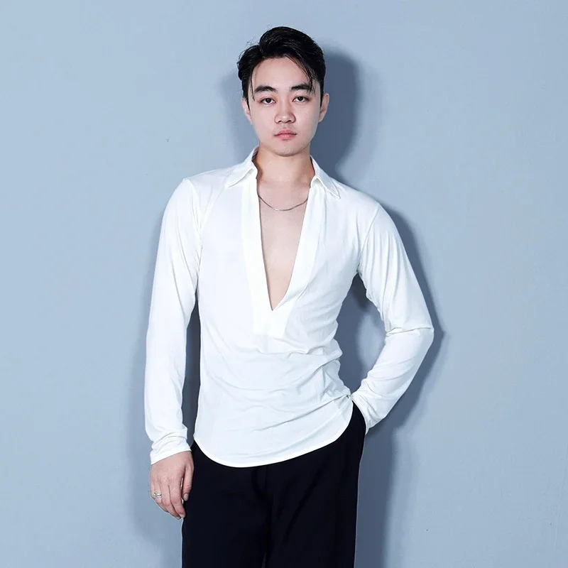 Tops de dança latina soltos homens roupas de dança de salão rumba cha cha prática de dança topos masculino roupas de competição latina dnv21776