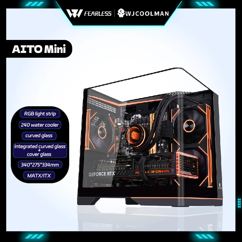 

Чехол для ПК WJCOOLMAN AITO Mini MATX, RGB световая полоса, изогнутое стекло, чехол для компьютера с видом на море, 240, кулер для воды, gabinetes gamer
