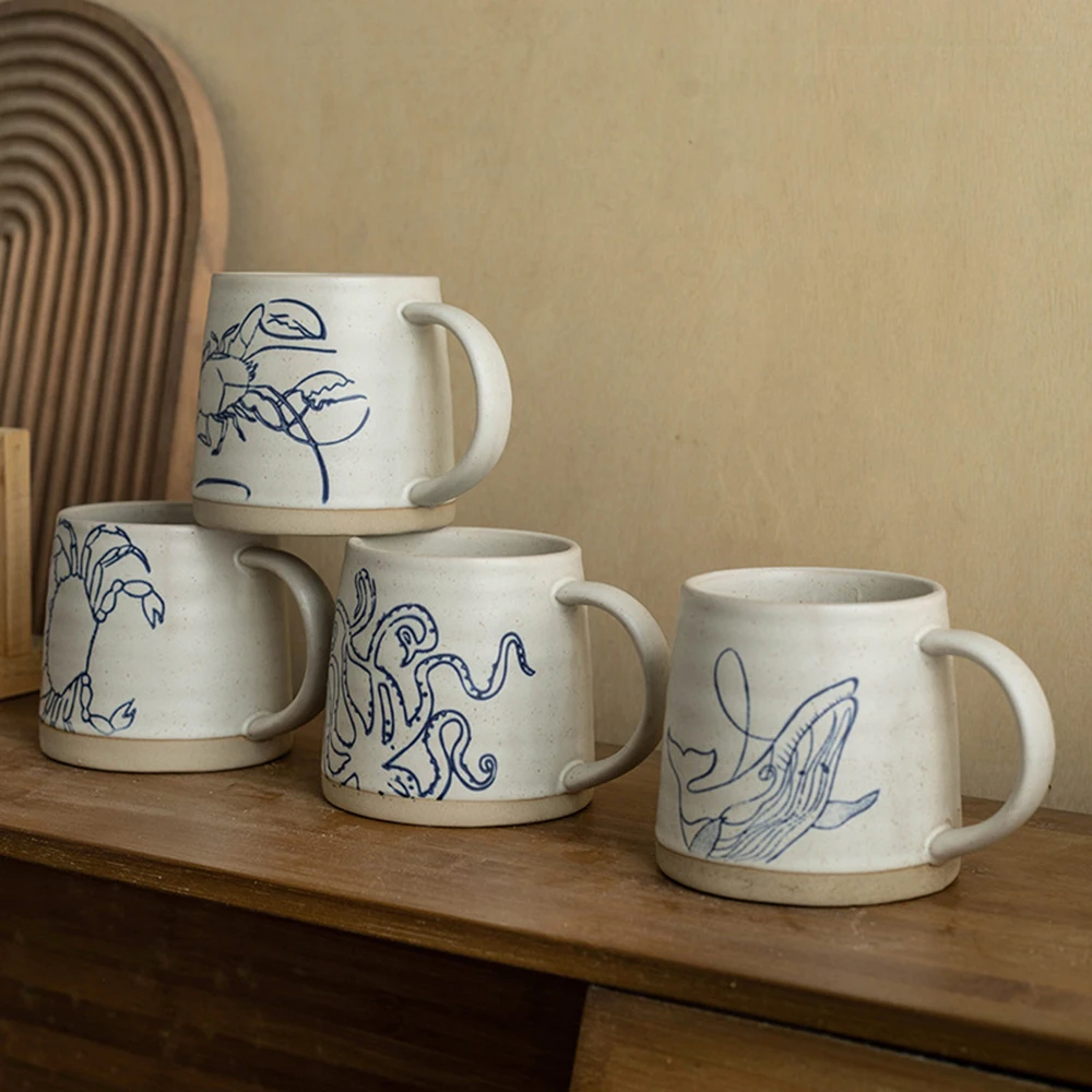 Marine Animal Print Ceramic Mug Color Contrast Drinkware Milk Coffee Cup Creative Design Mugs Vintage Style Home Tableware