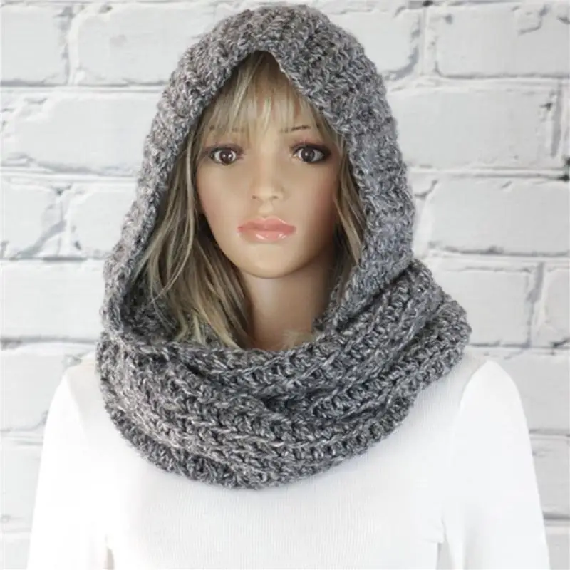 Fashion Hooded Scarf Women\'s Pure Color Cap Scarf Knitted Trend Scarf Beanie Hats for Women