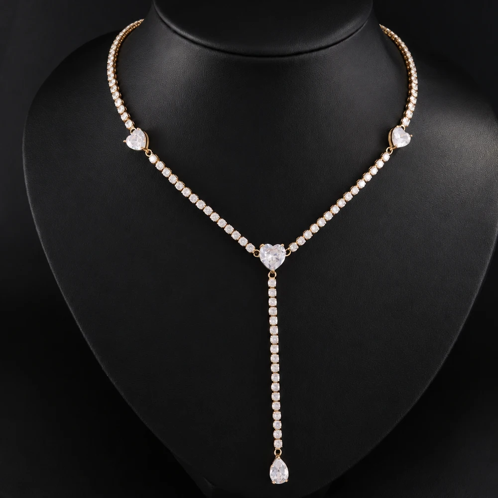 ZAKOL Luxuriöse Y-förmige lange Halskette mit runden Herz-Zirkonen für Damen, exquisiter Schmuck für Hochzeit, Bankett und Party. – Detail 3