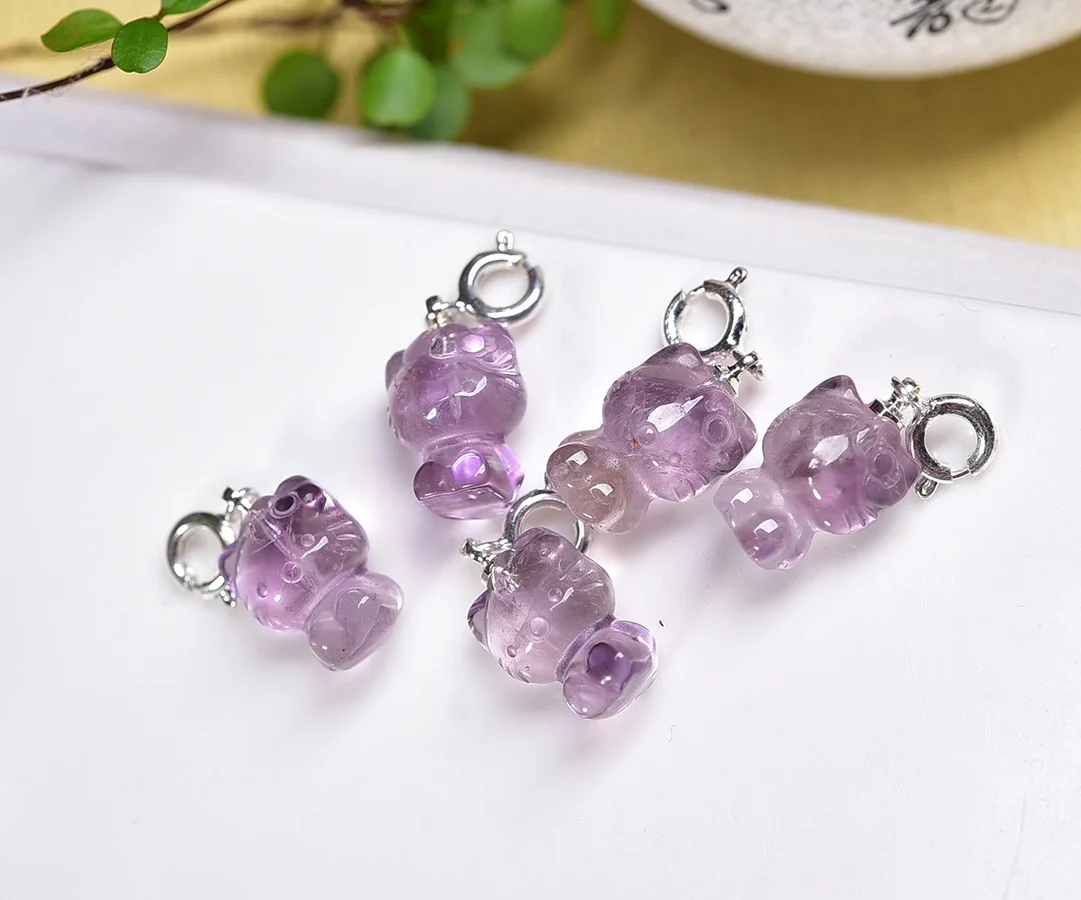 5PCS Natural Amethyts Cartoon Cat Carving Healing Reiki With Hole Fashion Jewelry For Friends Gift 10X14MM